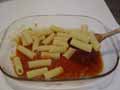 First layer of rigatoni pasta tubes